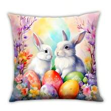 4 件复活节兔子和花卉印花毛绒枕套，可爱卡通兔子装饰靠垫套，适用于沙发、卧室、家居、汽车，不含枕芯