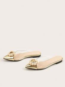 金色水钻装饰透明尖头平底一脚蹬凉鞋