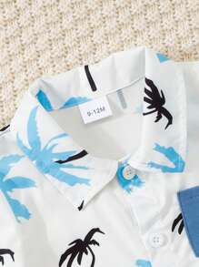 2 Pieces Baby Boy Coconut Tree Printed Short Sleeve Shirt & Solid Color Shorts Casual Fashion Outfit, Spring/Summer