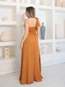 Victoria Long Luxury Dress Plain Duna Linen With Bow One Shoulder - Camel - View 5