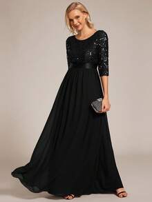 Contrast Sequin Bodice Chiffon Prom Evening Dress - Black - View 3