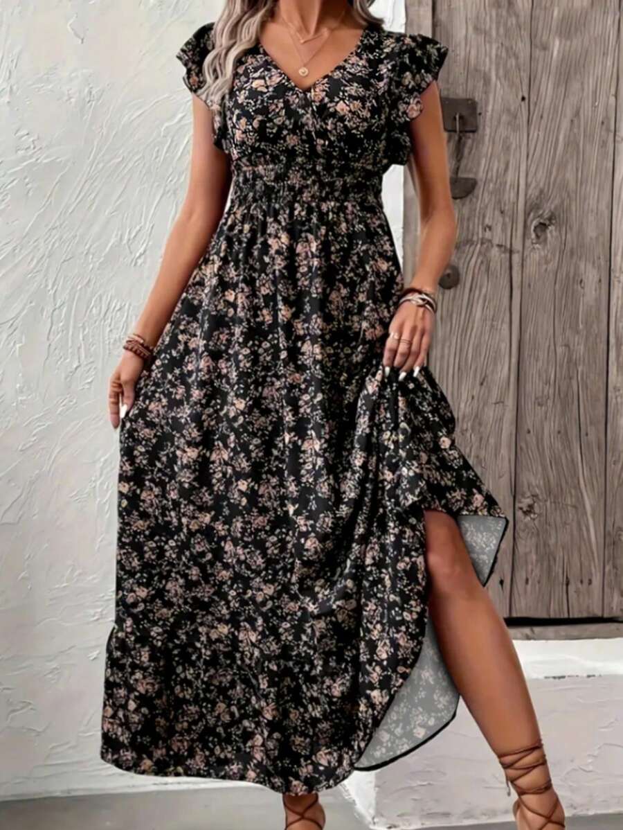 印花荷叶边A字连衣裙 - 褶裥腰身，宽松版型，度假风，春夏必备 - 时尚夏季女装 - 黑色 - 查看 1