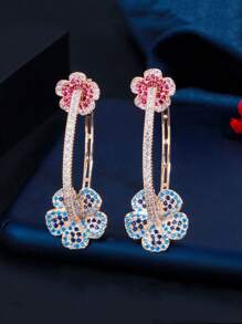 1对女士时尚立方氧化锆花朵耳环，镀金大圆环耳饰，适合订婚、婚礼、新娘、伴娘、派对、舞会等场合，优雅新娘配饰，日常佩戴饰品 - 彩色 - 查看 11