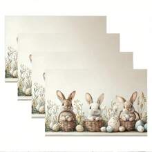 1/4/6 Pcs Easter Bunny Placemats, Polyester Woven Rectangular Table Mats With Eucalyptus Leaves, Machine Washable, Spring Holiday Dining & Kitchen Decor