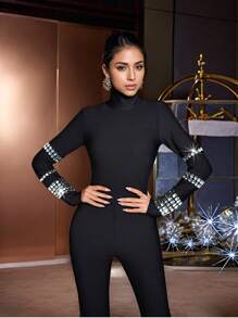 Elegant Women's High Round Neck Long Sleeve Sparkling Rhinestone Slim Cocktail Party Jumpsuit - Black - View 6