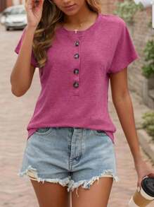 hoteel Womens Crew Neck Short Sleeve Buttons Tops Basic Loose Fit Blouse - Màu Hồng Tươi - Xem 2