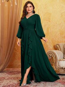Plus Size V-Neck Chiffon Lantern Sleeve Ruched Waist Patchwork Ruffle Hem Elegant Dress,Modest - Dark Green - View 3