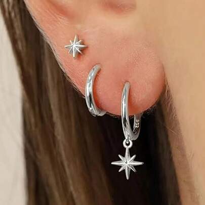 Bộ 3 khuyên tai tinh tế, khuyên tai hình ngôi sao mạ vàng 14K, khuyên tai kẹp vành tai thanh lịch, ít gây dị ứng, khuyên tai đeo nhiều lớp hàng ngày, phù hợp với tai nhạy cảm.