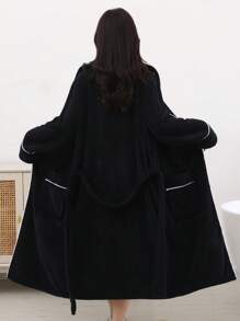 1件女士加厚撞色装饰黑色浴袍夏季婚礼浴室装饰 - 黑色鳳梨格浴袍 - 查看 5