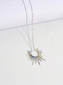 Vaerine 1pc Elegant Luxury Shiny Classic 925 Sterling Silver Cubic Zirconia Sun Shine Pendant Necklace, Charming For Women Dating, Party, Daily Wear, Gift - One Size - View 2