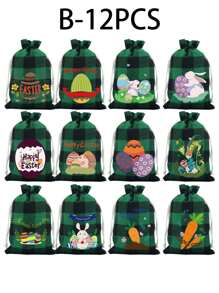 12 件复活节礼品包装袋，兔子和鸡蛋装饰抽绳礼品袋 - 彩色 - 查看 4
