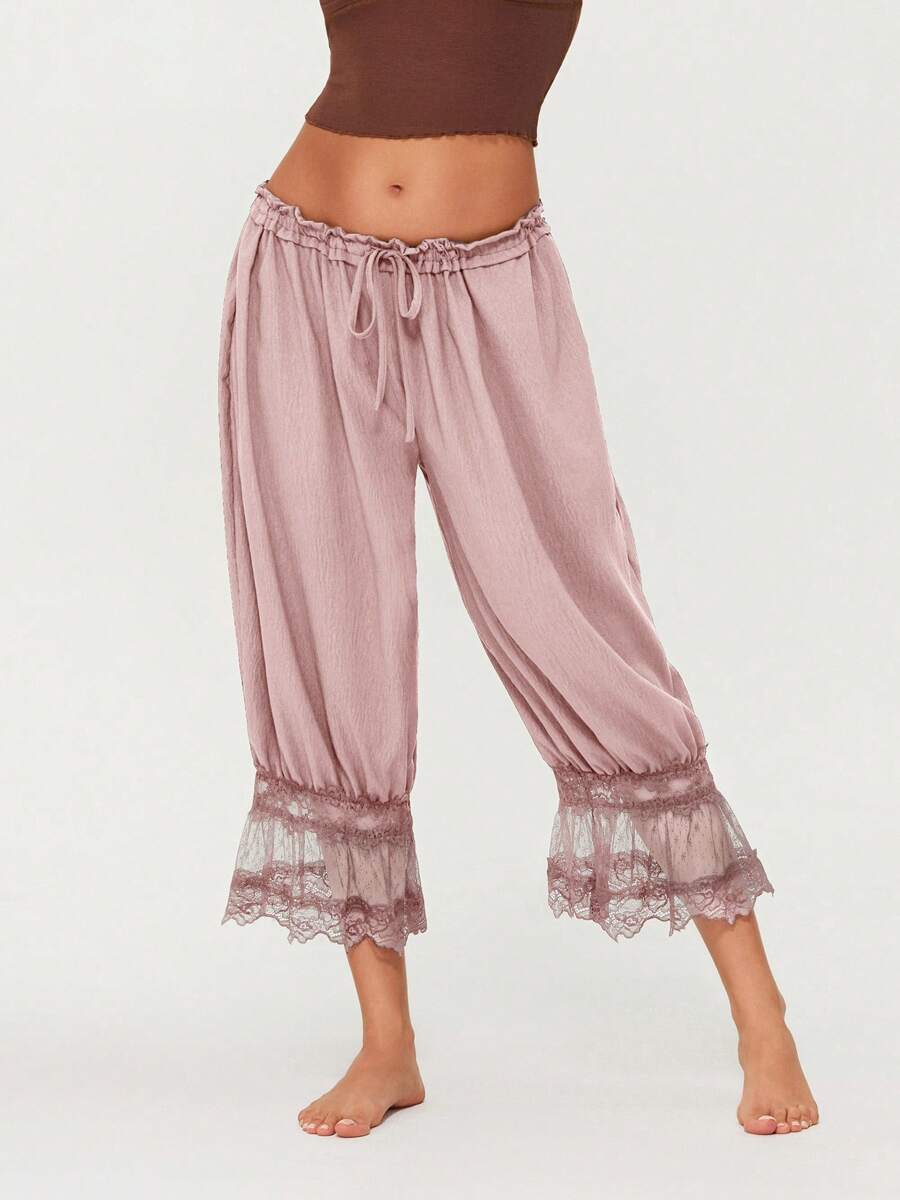Women Lace Trim Long Bloomers Elastic Mid Rise Ruffle Pantaloons Cropped Flared Slips Pants Bottoms - Hồng - Xem 1