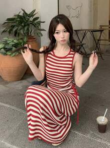 Ins Style Women Drawstring Crew Neck Sleeveless Long Casual Sweater Dress