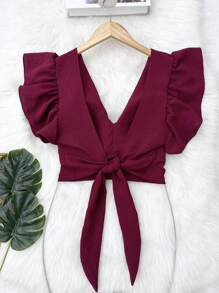 Cropped Blouse With Padding And Tied At The Back, Women's Fashion - Burdeos - Ver 2