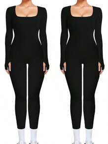 Women's Athletic Solid Color Seamless Long Sleeve Shaping Yoga Jumpsuit, Plain Slim-Fitting Thumb Holes U Neck Butt-Lifting Shapewear, Basic Sportswear - Black*2 - 查看 1