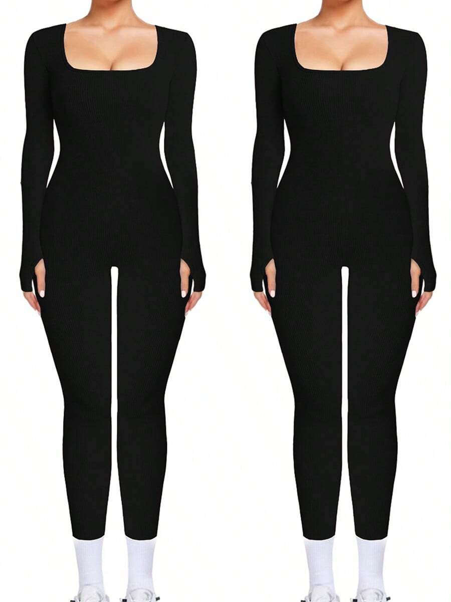 Women's Athletic Solid Color Seamless Long Sleeve Shaping Yoga Jumpsuit, Plain Slim-Fitting Thumb Holes U Neck Butt-Lifting Shapewear, Basic Sportswear - Black*2 - 查看 1