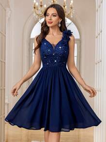 MIUSOL Deep V-Neck Sequin Floral Lace Sleeveless Ruffle Hem Chiffon Cocktail Party Swing Dress - Navy Blue - View 2