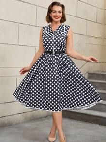 AOMEI Plus Size 1950s Dresses Black White Dot Printed Loose With Waist Belt Vintage Sleeveless,Graduation Dress,Party Dress,Cocktail - Black - View 5