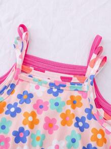 3 件套年轻女孩休闲罗纹露肩连衣裙，粉色、紫红色、花朵印花，适合派对、休闲、旅行、家居服、夏季 - 彩色 - 查看 3