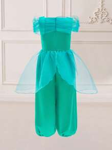 Young Girls' Off Shoulder Green Princess Style Jumpsuit, Suitable For Party
