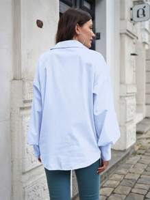 Plus Size Women's Solid Color Lapel Button-Up Shirt - White - View 5