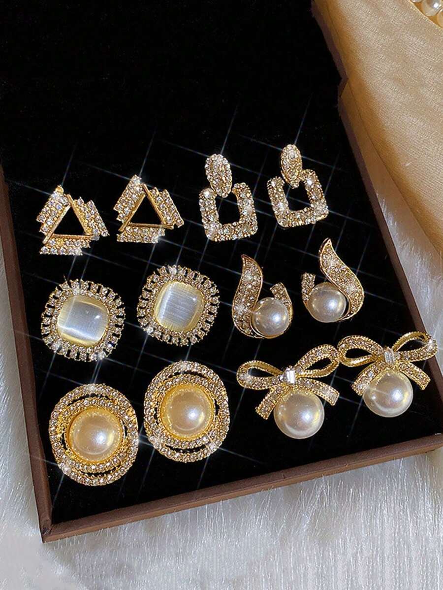 6pcs/Set Elegant Retro Rhinestone Cat Eye, Geometric Shape, Faux Pearl Stud Earrings, Suitable For Daily Wear And Occasions - Multicolor - View 1