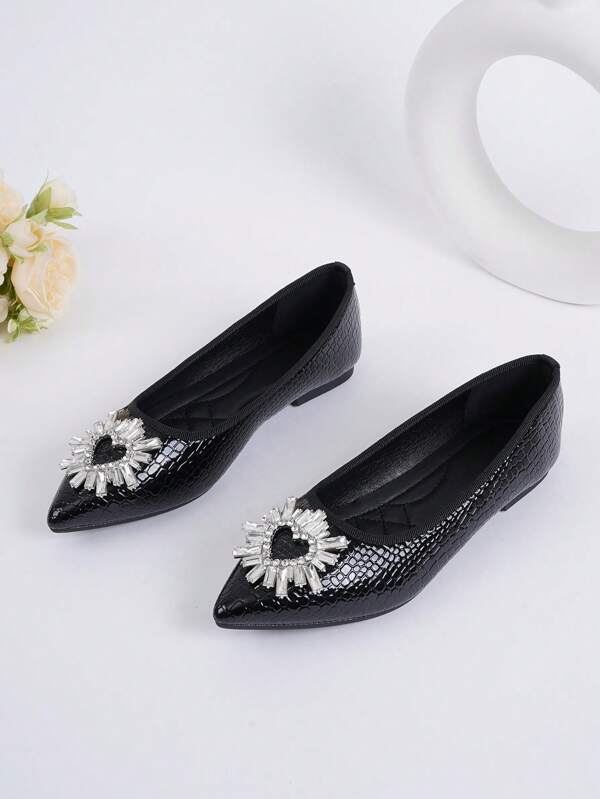 2025 New Black Pointed Toe Low Heel Women Shoes, Crystal Heart Shaped Flat Soft Bottom Casual Versatile Plus Size Work Office Ladies Shoes
