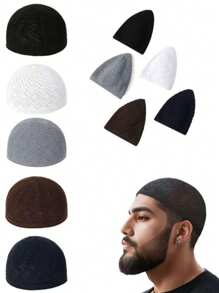 1pc/2pcs Prayer Cap, Warm Knitted Hat, Men's Islamic Headwear, Kufi Cap, High-End Classic Beijing-Style Linen Crochet Knitted Cap, Suitable For Spring, Summer, Autumn And Winter, Unisex Kufi Cap - Multicolor - View 2
