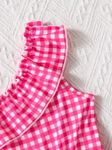 2 pezzi/Set Tuta casual e comoda da ragazza con stampa a quadri e floreale, stile estivo per vacanze
