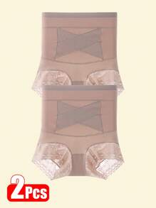 2 条装高腰内裤女式蕾丝束腰紧身平腹内裤收腹内衣腹部控制塑身衣减肥塑身三角裤 - 杏色 - 查看 2