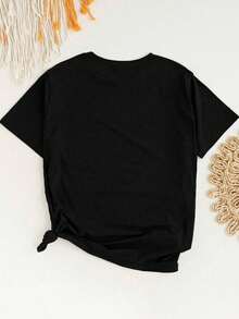 Camiseta de manga corta unicolor versátil y casual talla grande - Negro - Ver 2