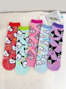 Sanrio 1 par de calcetines tipo tripulación de mujer con diseño de personaje de dibujos animados Sanrio de la serie Hello Kitty, moda y transpirables