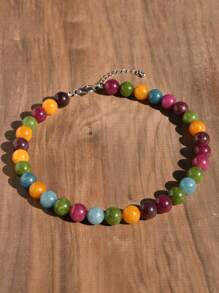 12mm Natural Stone Bead Necklace, Fashionable Dopamine Inspired Colorful Vintage Exaggerated Choker Necklace With Natural Crystal, Aquamarine, Peridot - Multicolor - View 13