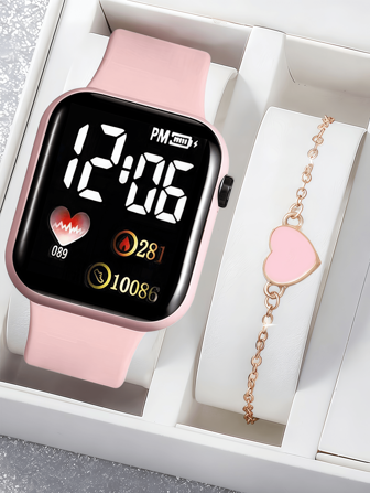 1 件卡通心形方形数字女士手表和 1 件女士手链情人节礼物圣诞礼物毕业礼物学校电子表适合日常佩戴