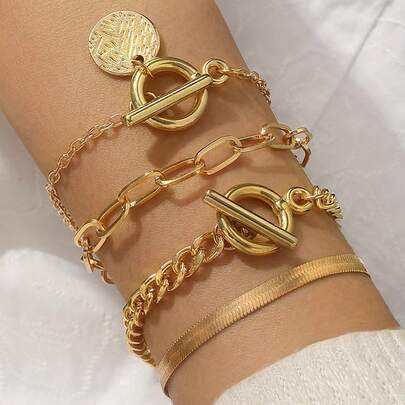 4pcs Set Hip-Hop Snake Bone Chain Alloy OT Clasp Bracelet, Suitable For Women's Daily Wear