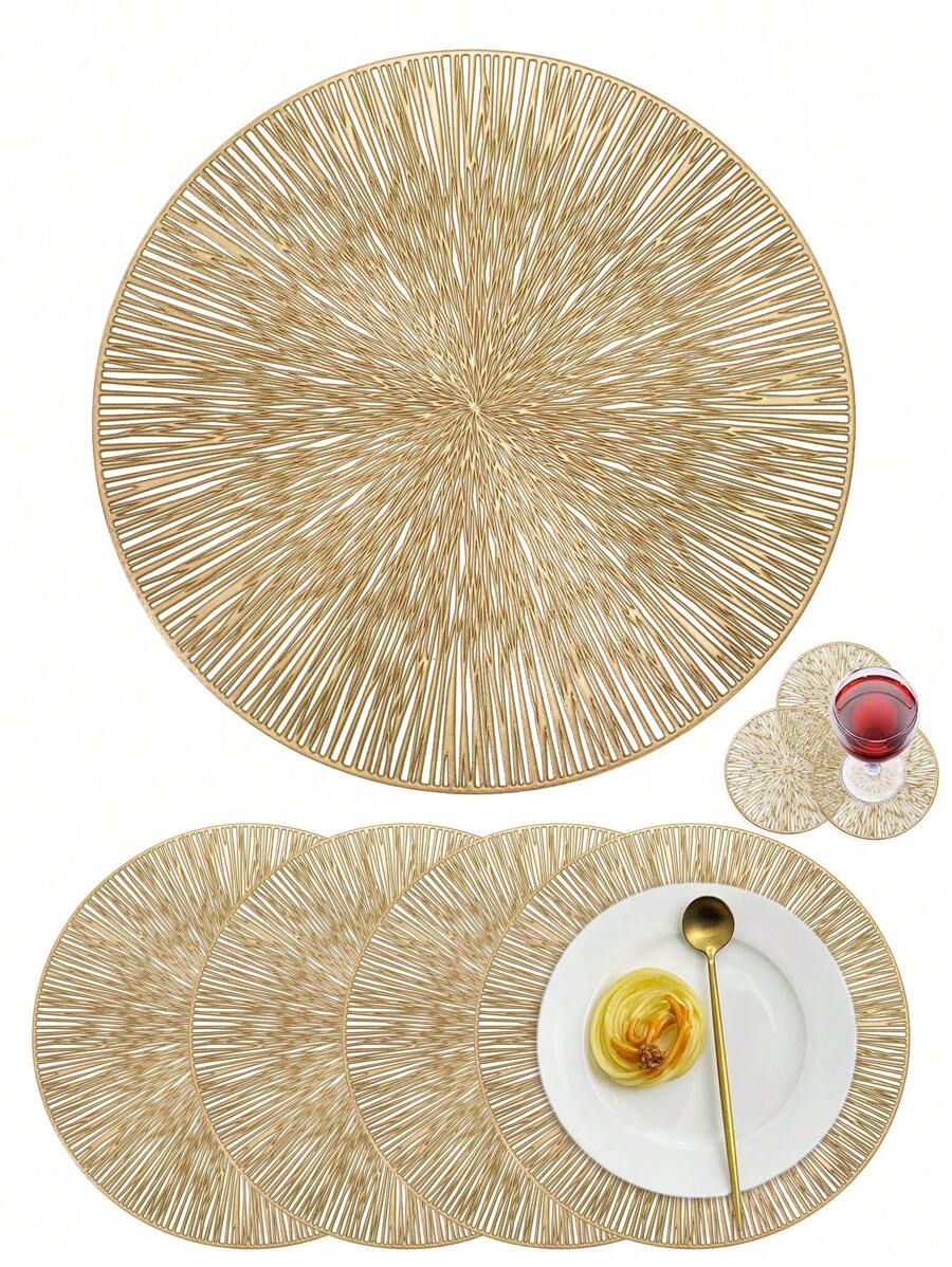 2/12pcs 15" Round Gold Foil Fireworks Pattern Placemats, (PVC) Material, Gold Stamping Hollow Design, Waterproof, Washable, Easy To Clean, Non-Slip, Heat-Resistant, For Room Decor, Dining Table, Home Decor, Suitable For Holidays, Parties, Birthdays, Weddings And Dinners