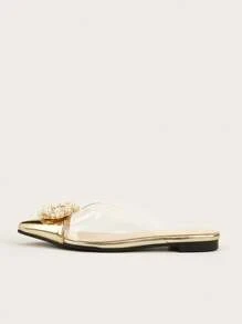 金色水钻装饰透明尖头平底一脚蹬凉鞋