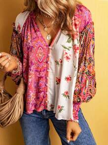 Multi-Color Floral Patchwork Ruffle Cuff Button-Up Shirt - Multicolor - View 6