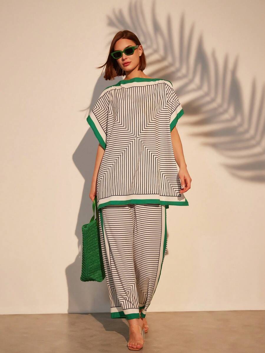 印花绿色休闲衬衫和裤子两件套 - 彩色 - 查看 1