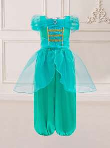 Young Girls' Off Shoulder Green Princess Style Jumpsuit, Suitable For Party