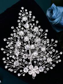 1 件时尚水钻花朵设计发梳，闪亮新娘发夹适合婚礼、伴娘、派对 - 銀色 - 查看 6