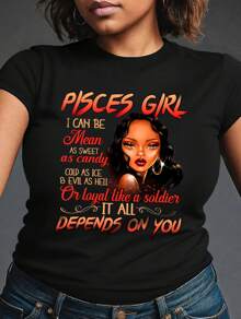 Pisces Printed Plus Size T-Shirt, Large Size Women's Printed Short Sleeve T-Shirt, Casual Women's Outdoor Large Size Short Sleeve, Retro Street Women's Round Neck Large Size Short Sleeve, Daily Four Seasons Wear, Holiday Gifts - 黑色 - 查看 1