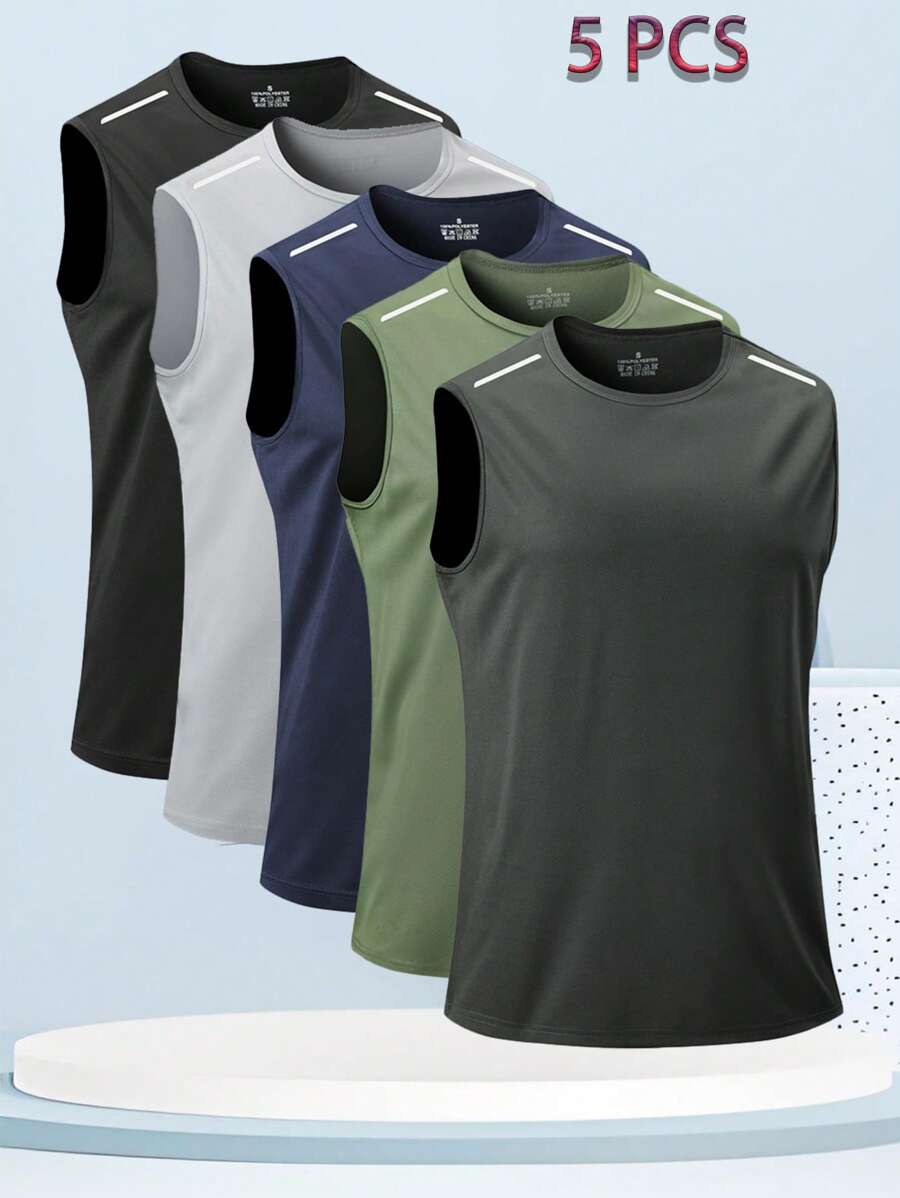 5pcs Men's Sports Top, Summer Quick-Dry Basketball Training Fitness Tank Tops - Black - View 1