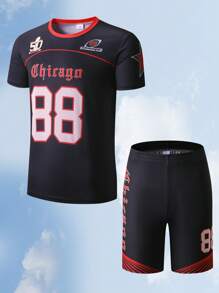 2 件套青少年男孩透气网眼面料运动套装，带数字 88 印花，短袖 T 恤和短裤，篮球或足球服，春夏季