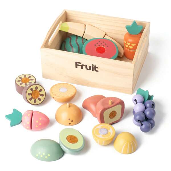 Realistische houten fruit- en groentespeelgoedset, snijset met houten doos, snijplank en kookgerei, geschikt voor jongens en meisjes van 3 tot 6 jaar, verjaardags-/kinderdag-/nieuwjaars-/kerstcadeau