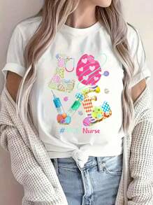 LOVE Stethoscope PCU Nurse Nurse Bunny Easter T-Shirt Print Crew Neck T-Shirt For Summer, Women's Soft Short Sleeve Top, Stylish Comfy Tee For Women Graphic Tees - 白色 - 查看 1