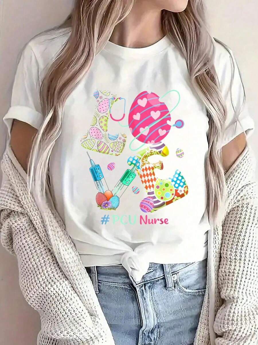 LOVE Stethoscope PCU Nurse Nurse Bunny Easter T-Shirt Print Crew Neck T-Shirt For Summer, Women's Soft Short Sleeve Top, Stylish Comfy Tee For Women Graphic Tees - 白色 - 查看 1