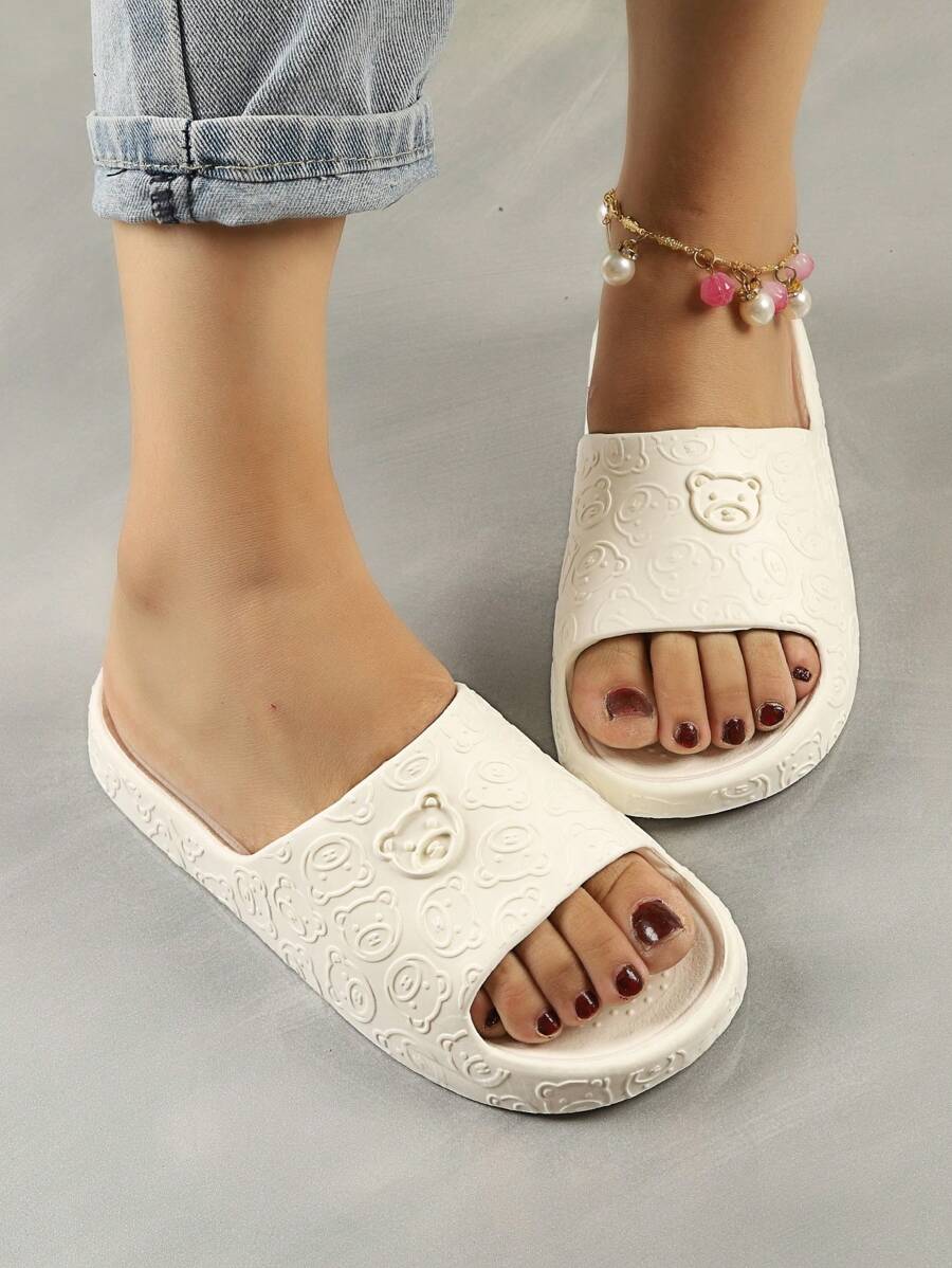 Dép lê mùa hè cho nữ, dép đi trong nhà tắm, dép tắm, thiết kế hình gấu hoạt hình dễ thương, màu đen, phù hợp với trang phục đi biển. - trắng - Xem 1