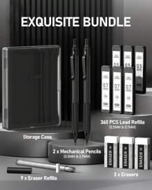 Four Candies 2PCS Metal Mechanical Pencils Set With Case, 0.5mm & 0.7 Mm Artist Pencil With 6 Tubes (360PCS) HB Lead Refills, 3 Erasers,9 Eraser Refills For Writing Drafting, Drawing, Black