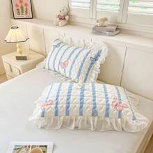 Zestaw 2 poszewek na poduszki z kwiatowym wzorem, pikowana, wyściełana poszewka na poduszkę z falbaniastymi krawędziami, nadająca się do prania w pralce do użytku w domu i akademiku, całoroczna